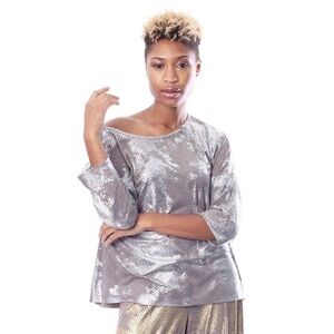 Alembika Perforated Silver Faux Suede Lagenlook Half Sleeve Oversized Top Sz S